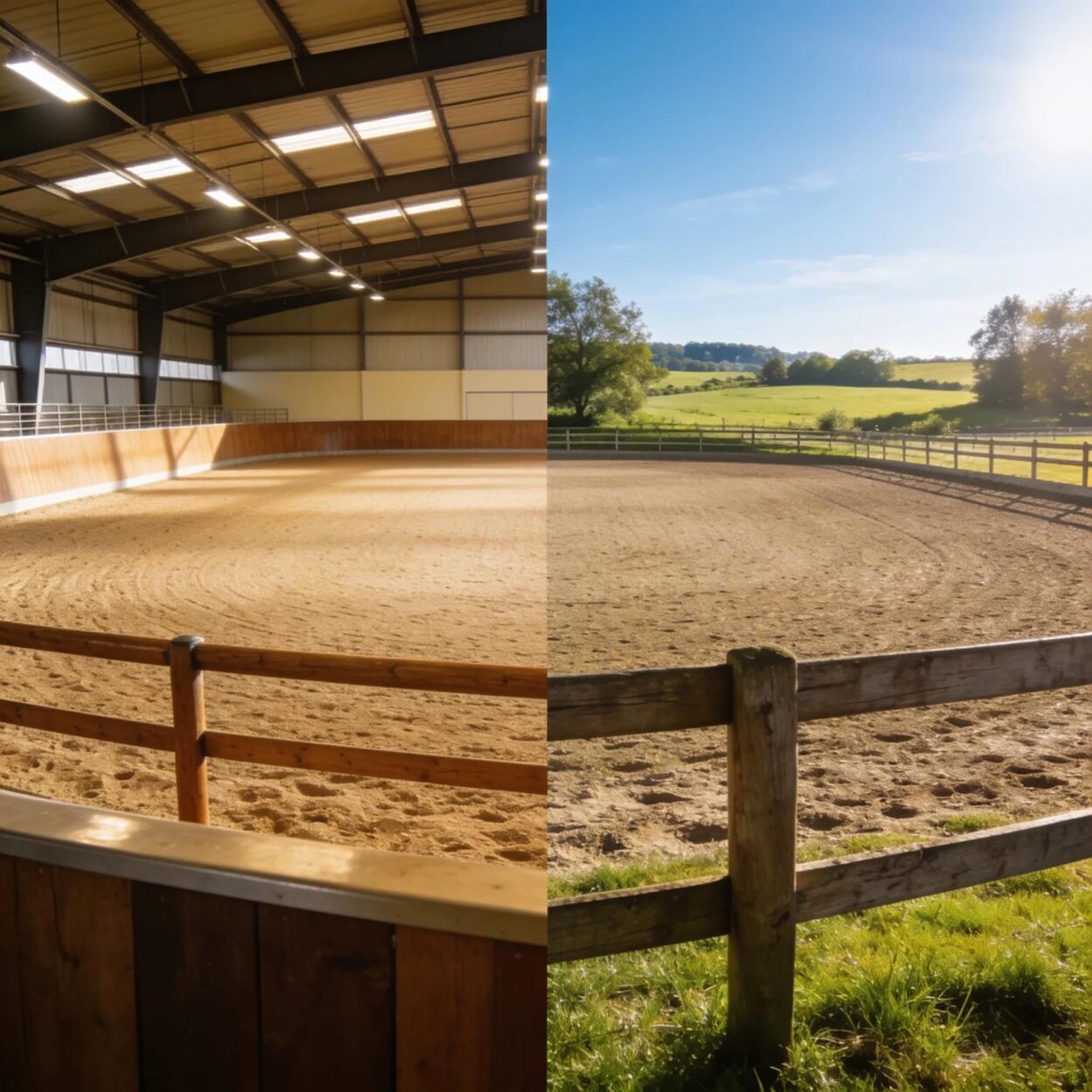Indoor riding arena and outdoor equestrian arena illustrating riding arena sizes and specifications.
